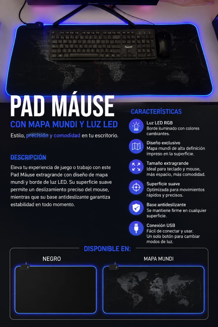 Pad Mouse Gamer XL con Luz LED RGB y Diseño Mapa Mundi X6UNDS - POC-41741