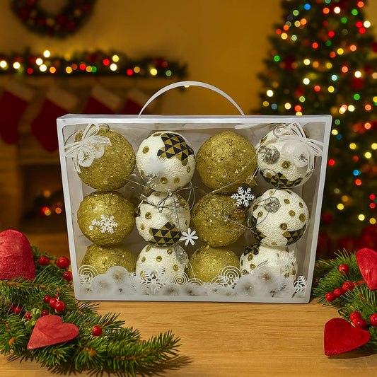 SET POR 12 BOLAS NAVIDEÑAS BLANCAS CON DORADO X6UNDS  - POC-2026