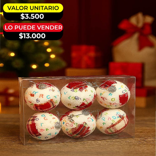 SET POR 6 BOLAS NAVIDEÑAS ROJAS CON BLANCO X6UNDS - POC-2027