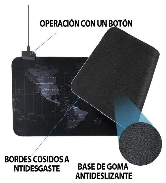 Pad Mouse Gamer XL con Luz LED RGB y Diseño Mapa Mundi X6UNDS - POC-41741