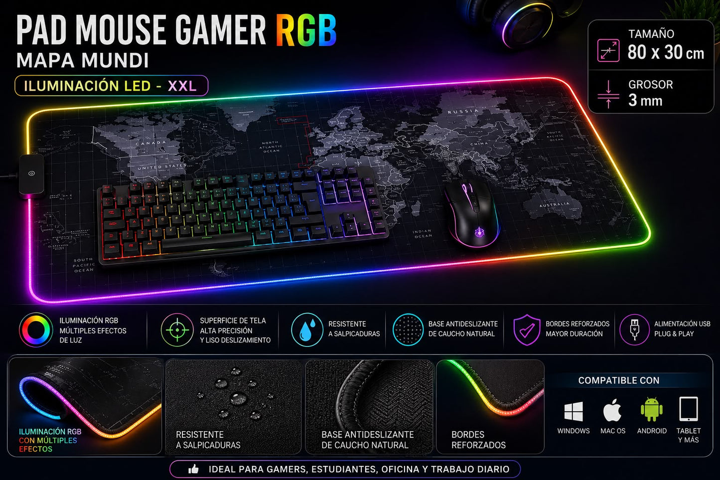 Pad Mouse Gamer XL con Luz LED RGB y Diseño Mapa Mundi X6UNDS - POC-41741
